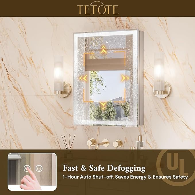 TETOTE 20 x 26 Lighted Medicine Cabinet with Mirror with Adjustable Shelves, Silver Aluminum Cabinet, Anti-Fog Stepless Dimmable 3 Colors White/Warm/Natural, Easy to Install(Wall Mount/Recessed)