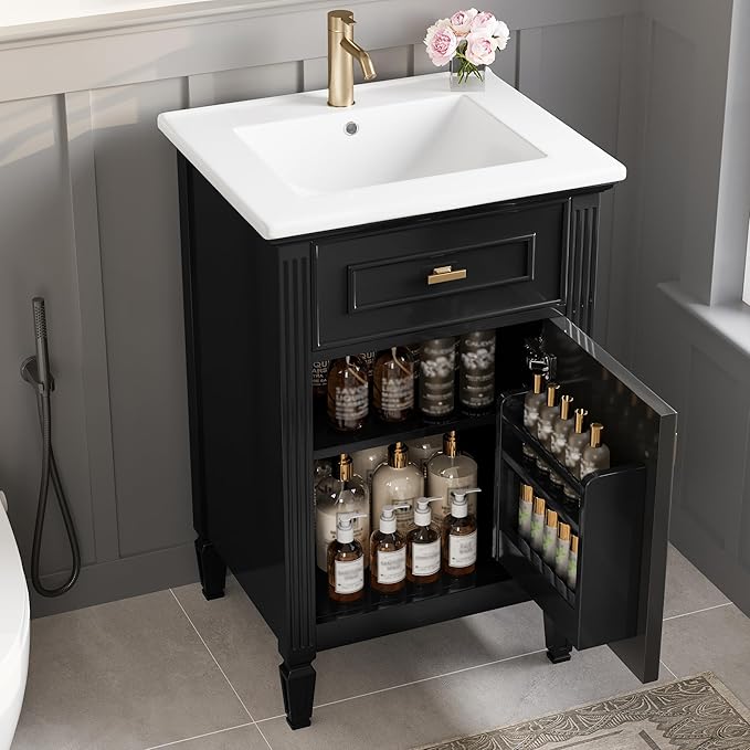 20 in Small Bathroom Vanity with Sink,Soft Closing Door,Tilt-Out Drawer and Adjustable Shelf,Solid Wood Modern Single Bathroom Sink Cabinet,Freestanding (Black)