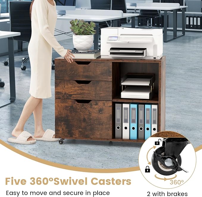 Giantex 3 Drawer File Cabinet, Office Storage Cabinet Fits Files Letter, A4, Legal Size, Rolling Printer Stand with Adjustable Shelf, Office Organization and Storage, Lateral Filing Cabinet (Brown)