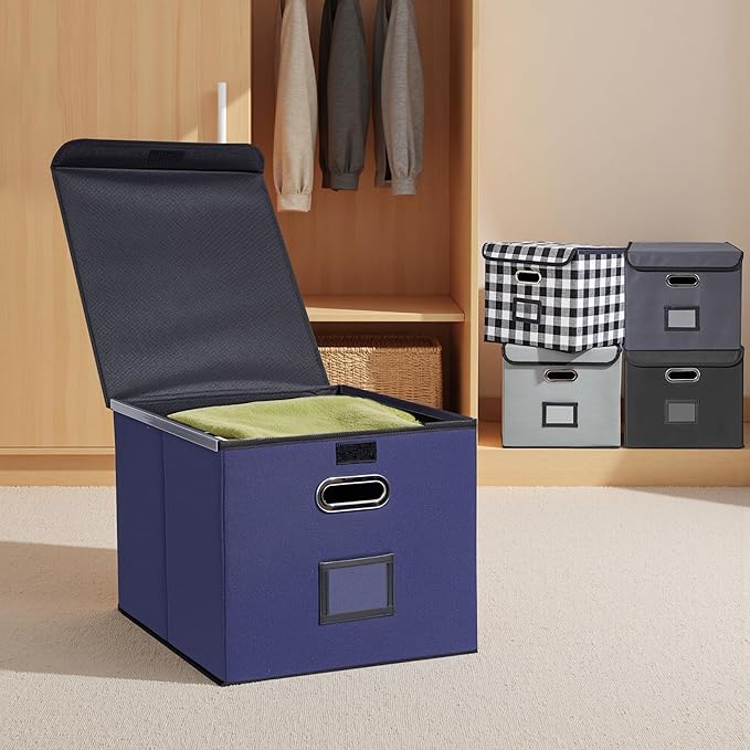 Collapsible File Box with Lid & Plastic Slide - Hanging Document Organizer for Office/Home, 14.96x12.6x10.83 Inch,Dark Blue, 2 Pack (No Folders Included)