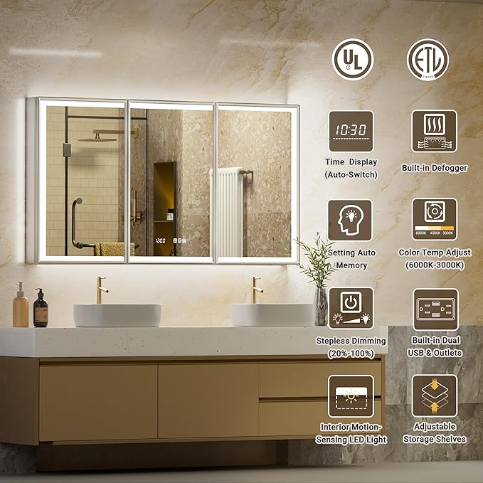 48x30 Lighted Medicine Cabinet with Mirror, Beveled Brushed Nickel Framed Surface or Recessed Fogless Dimmable LED Medicine Cabinet with Outlet, Time Display and Sensor Inner Light