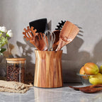 Wooden Utensil Holder for Countertop, 360° Rotating Kitchen Utensil Holder, 7.2"x 6" Large Acacia Wood Crock, Farmhouse Kitchen Decor