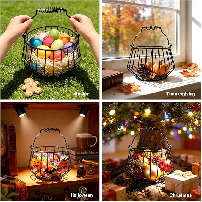Wire Egg Basket for Gathering Fresh Eggs 24 Capacity Vintage Chicken Coop Basket with Handle for Farmhouse Kitchen Countertop and Rustic Easter Egg Display