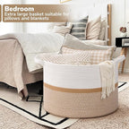 CHICVITA XXL Extra Large Blanket Basket, Cotton Rope Storage Basket for Organizing, Home Decor Woven Basket for Laundry Baby Nursery Decorative Toy Bin, White and Brown, 22" x 22" x 14"
