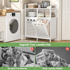 Homykic Tilt Out Laundry Hamper Cabinet, Bamboo Double Laundry Hamper with 2 Removable Laundry Baskets, 20 Gal Laundry Sorter Organizer with Shelf for Dirty Clothes, Bathroom, Laundry Room, White