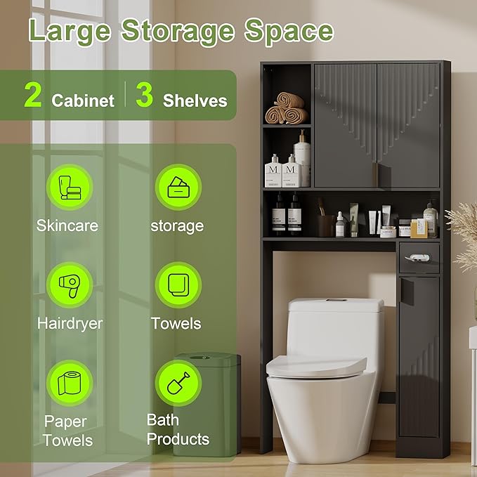 GOODONE Black Over The Toilet Storage Cabinet - with 3 Doors and Toilet Paper Holder Stand, FreeStanding, for Bathroom, Restroom, Laundry