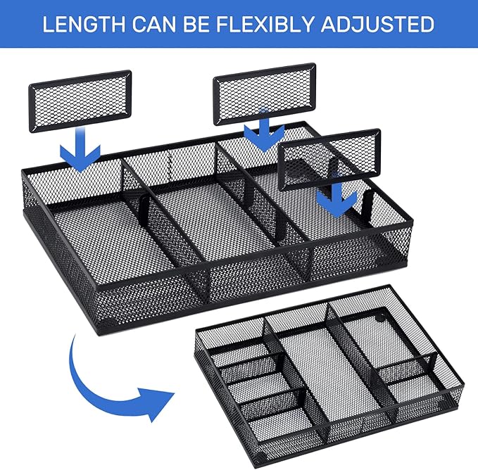 Neudeco Desk Drawer Organizer with 6 Adjustable Dividers, Metal Mesh Pen Organizer for Desk Drawer, Office Supplies Tray (Pack of 4, Black)