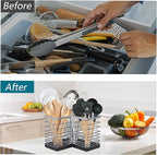 Suli Extra Large Kitchen Utensil Holder with 3 Compartments，Silvery Metal Corner Kitchen Caddy for Countertop，Farmhouse Rustic Cooking Storage-Silvery