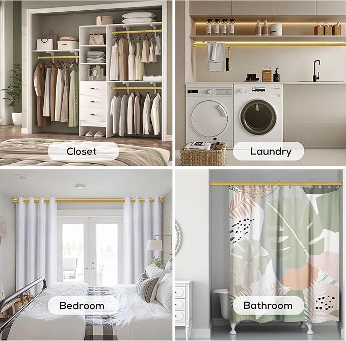 1.3 Inch Diameter Closet Rods for Hanging Clothes 17-75 Inch Adjustable, Metal Heavy Duty Closet Pole, Gold Closet Bar for Hanging Clothes, Suitable for Closet, Wardrobes, Bathroom, Windows