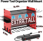 3 Layer Heavy Duty Power Tool Organizer Wall Mount with Charging Station, Adjustable Metal Storage Rack, 6 Outlets Power Strip, Drill Holders, Hooks & Drill Bit Rack for Garage, Workshop, Red