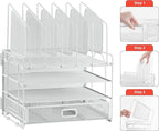 Marbrasse Desk Organizers, 4-Tier Mesh Desk File Organizer with 5 Vertical File Holders and 2 Pen Holders, Multifunction Desktop Organizer,Desk Organizers and Accessories for Home Office (White)