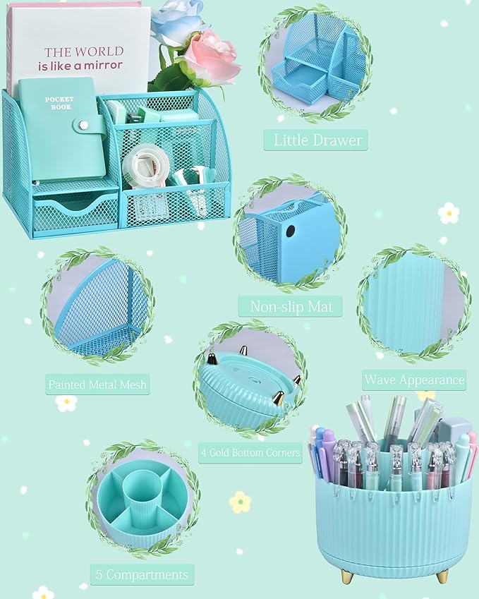 21Pcs Green and Blue Desk Organizers and Accessories With Mesh Desk Organizer and 360°Rotating Pen Holder and a Lot of Office Green Office Supplies Beautifully Presented in a Gift Box