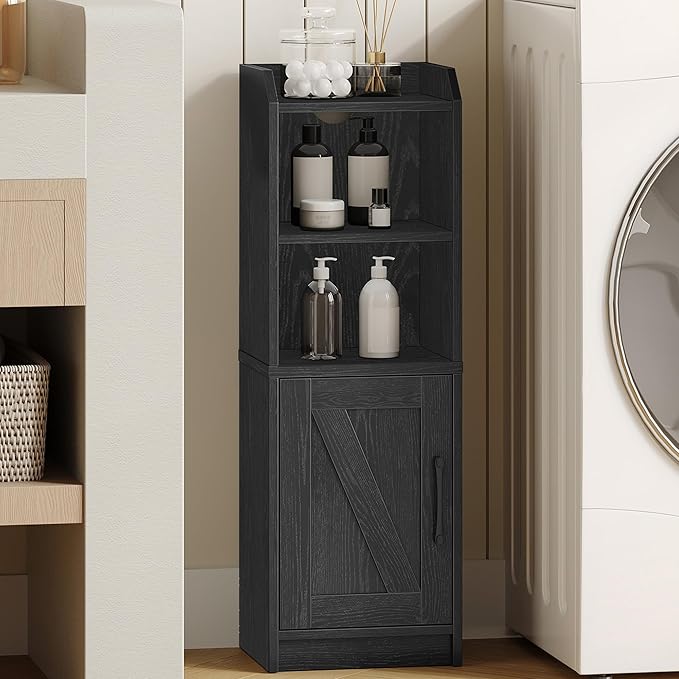 Bathroom Storage Cabinet, Small Farmhouse Corner Floor Cabinet with Door and Shelves, Narrow Toilet Paper Holder Stand, Bathroom Organizer with Adjustable Shelf, for Small Spaces, Black
