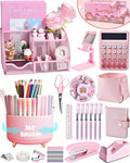 21Pcs Pink Desk Organizers and Accessories With Mesh Desk Organizer and 360°Rotating Pen Holder and a Lot of Office Pink Office Supplies Beautifully Presented in a Gift Box