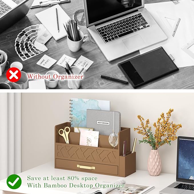 Bamboo Desktop Organizer with Drawer,Bill & Mail Organizer for Office Desk, Wall Mounted and Countertop Mail Sorter,Workspace Storage Accessories Organizer for File Letter （Brown）
