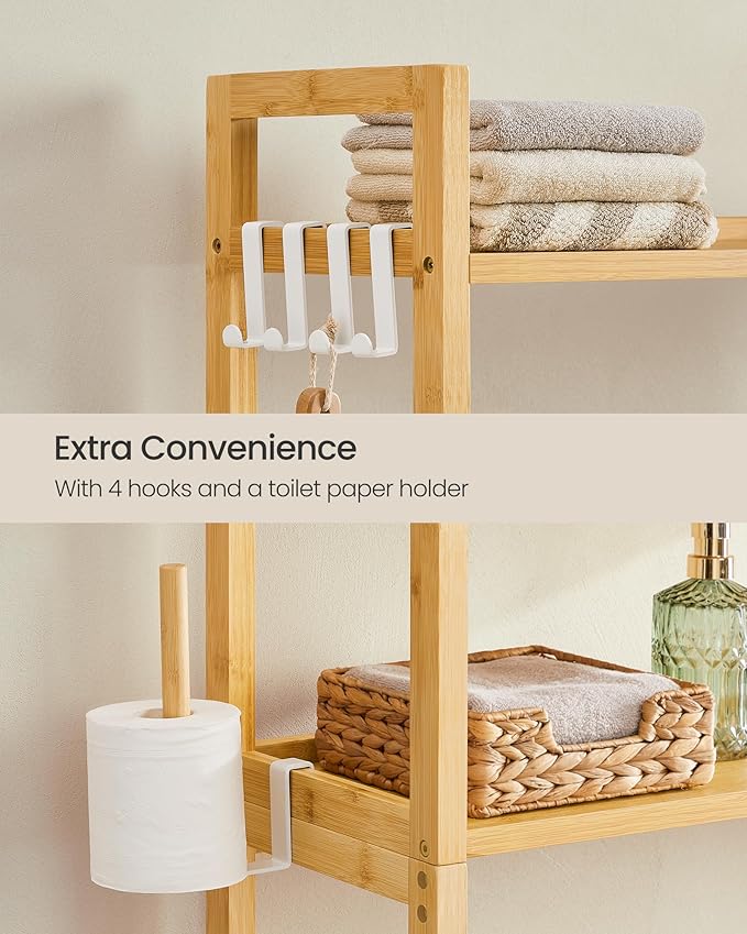 SONGMICS Over The Toilet Storage, 4-Tier Over Toilet Bathroom Organizer with Adjustable Shelves, 10.2 x 32.7 x 72.8 Inches, Space-Saving, Natural Beige UBTS017N01
