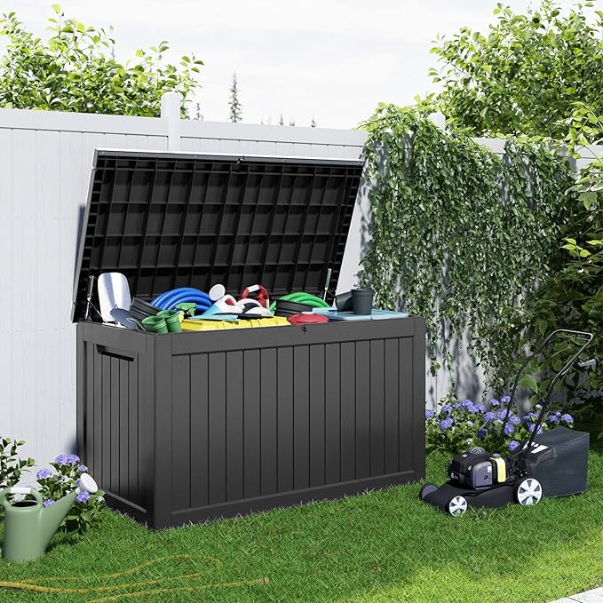 280 Gallon Large Deck Box,Resin Outdoor Storage Box with Lockable for Patio Furniture, Garden Tools Waterproof Outside Storage Box, Black