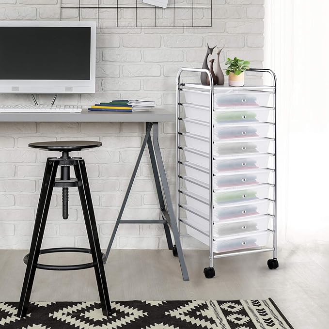 GOFLAME 10-Drawer Rolling Storage Drawer Cart, Utility Cart with Removable Drawers & Metal Frame, Mobile Art Craft Drawer Cart with Lockable Wheels for Home, Office, Studio, School, Clear