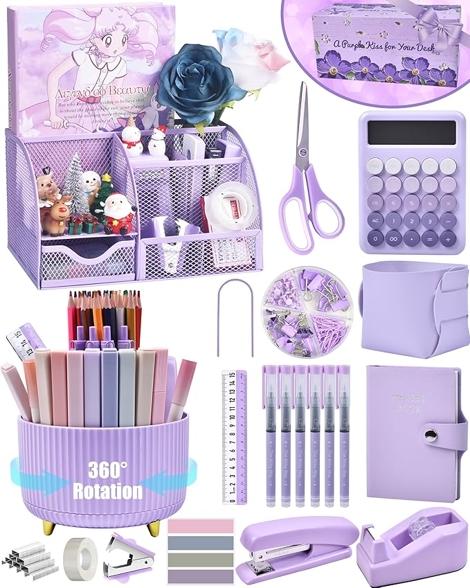 21Pcs Purple Desk Organizers and Accessories With Mesh Desk Organizer and 360°Rotating Pen Holder and a Lot of Office Purple Office Supplies Beautifully Presented in a Gift Box