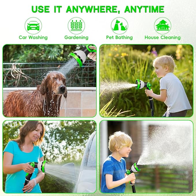 Garden Hose 25 FT, NON-EXPANDABLE Heavy-Duty Flexible & Lightweight Water Hose with 10-Function Nozzle, No-Kink, Leak-Proof Super Fabric, Solid Fittings for Lawn, Car, Outdoor (Black Green)