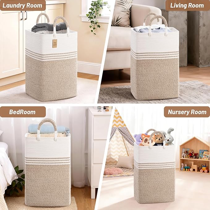 Laundry Basket Hamper,Blanket Storage,Dirty Clothes Hamper with Swivel Handles,Woven Cotton Rope Toy Baskets,Blanket Basket Living Room,Decorative Hampers for Nursery,Bedroom,White & Linen,80L