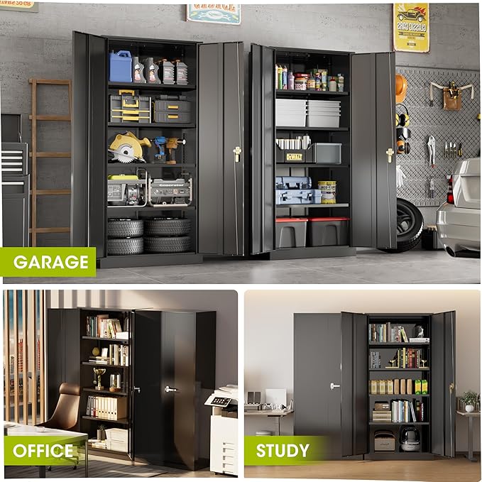Greenvelly Metal Garage Storage Cabinet with Doors and Adjustable Shelves,72" Black Steel Lockable File Cabinet for Home Office,Garage,School(36" W x 18" D)