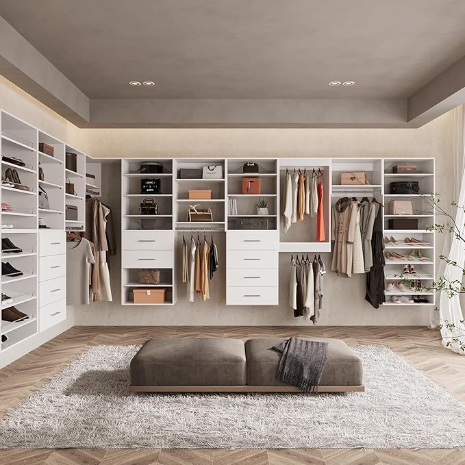 ROOMTEC Modular Closet System, 58" Wall Mounted Closet Organizer with Hanging Rods and Drawers, Wooden Tower for Walk-In Closets, Wardrobe Storage Kit, White