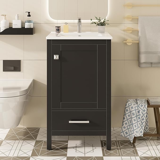 20" Small Bathroom Vanity with Sink, Soft-Close Drawer and Door, Wood Modern Single Bathroom Sink Cabinet with Doors and Shelves, Adjustable Foot Pads, for Small Space (Black)