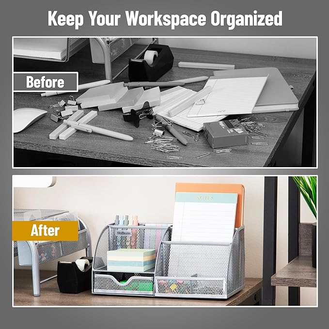 Mind Reader 7-Compartment Desktop Organizer, File & Accessory Storage, Metal Mesh Office Organizer for Desk, Workspace, Mail, Silver