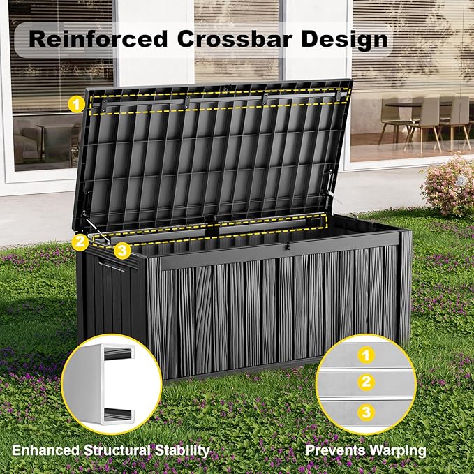 ROJIK 150 Gallon Outdoor Storage Box Waterproof,Weatherproof Deck Boxes Outdoor Lockable,Resin Outside Storage Box for Garden Tools,Cushions,Pool Accessories(Black,150 Gal)
