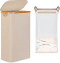 65L Slim Laundry Hamper, Narrow Laundry Basket with Lid,Foldable Clothes Hamper with Bamboo Handles,Hamper Basket with Removable Inner Bag for Laundry Room Bedroom College Dorm,Oatmeal