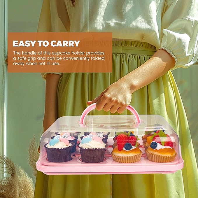 Cupcake Containers with Lid Rectangular Cake Carrier 3-in-1 Multipurpose Cupcake Holder for Muffins Pies Sweets Pastries Fruit or Snacks(Pink, 13" x 9" x 4")