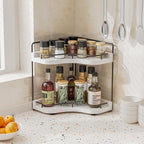2-Tier Corner Bathroom Counter Organizer with Embedded Screw Holes, Secure & Stable Wood Vanity Shelf for Makeup and Skincare Essentials - Space Saving Bathroom Countertop Storage, White