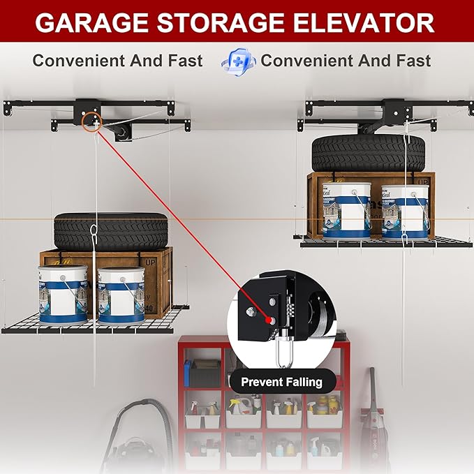 4x4 FT Overhead Garage Storage Rack for Ceilings, Heavy-Duty Metal Adjustable Ceiling Storage Racks with Safety Lock, 270LBS Mounted Rack, All-Steel Garage Organizer (4x4 FT)