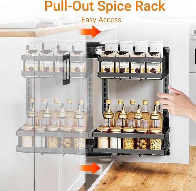 Under Sink Organizer, 2 Tier Carbon Steel Pull Out Under Cabinet Organizer - Height Adjustable Side Cabinet Mountable Slide Out Rack for Kitchen Bathroom (Medium)