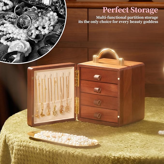 Wooden Jewelry Box for Women 4 Tier Walnut Wooden Jewelry Box with handle (Flower and butterfly prints B)