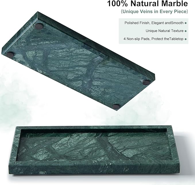 Natural Small Marble Vanity Tray, Luxury Stone Organizer for Bathroom & Kitchen | Holds Soap Dispenser, Jewelry, Perfume | Non-Resin, Non-Ceramic Décor (Green, M (11.8" x 5.1" x 0.78"))