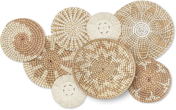 Xuhal 8 Pcs Boho Wall Basket Decor Decorative Bulrush Woven Basket Wall Decor Rustic Farmhouse Hanging Baskets for Kitchen Rustic Home Summer Decorations(Classic)