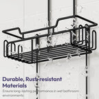 SWTYMIKI Bathroom Shower Caddy Hanging - Extended Length 2 Tier Rustproof Over Shower Head Organizer, No Drilling Bathroom Shelf with 14 Hooks & Soap Holder, Anti-Swing Rack, Black, Medium