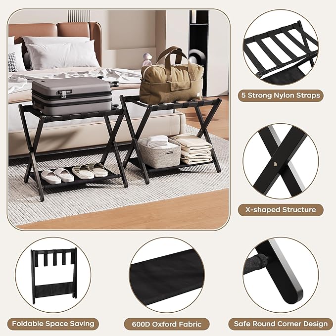 26.77" Full Assembled Luggage Rack for Guest Room, Set of 1 Bamboo Foldable Suitcase Stand, Bedroom & Hotel, Folding Luggage Holder with 5 Nylon Straps, 600D Oxford Fabric Shelf Black