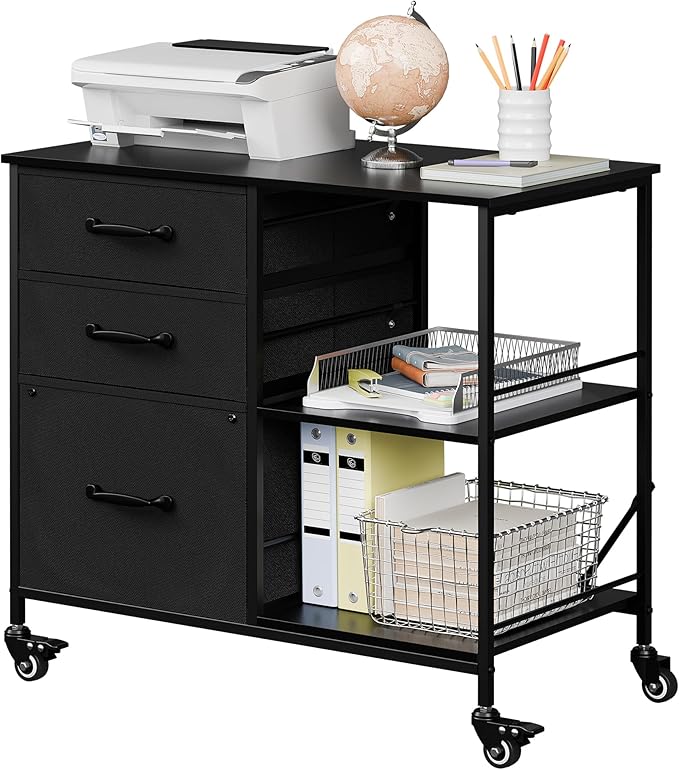 ZENY Lateral File Cabinet with 3 Drawers, Mobile File Cabinet Printer Stand, Rolling Fabric Lateral Filing Cabinet for Office Home Small Space (Black)