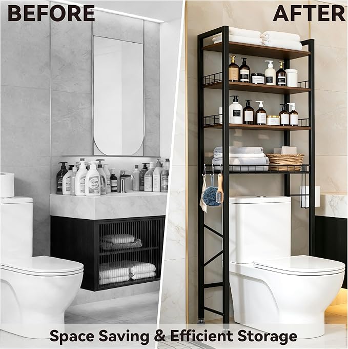 4-Tier Bathroom Organizer Shelf Over The Toilet Storage Cabinet with Feet Pad Over The Toilet Storage Rack with Adjustable Shelf and Basket Bathroom Shelves Above Toilet Bathroom Shelves