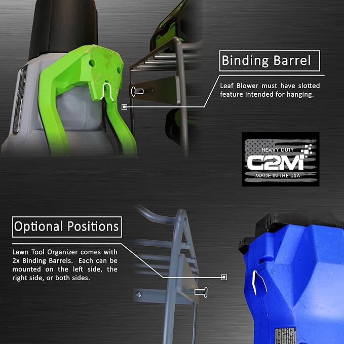 c2M Lawn Power Tool Organizer Wall Mount Rack Hanger for Leaf Blower (now compatible with EGO 530) and String Trimmer Weed Eater