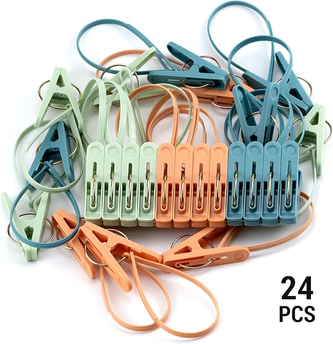 24 Pack Clothes Pins Clothes Peg Clip Pins with Plastic Rope for Clothesline Multicolor Drying Clothing Clips Hooks Windproof Clothes Hanger for Hanging Socks Hats Pants Bras Underwears Towel Photo