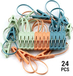 24 Pack Clothes Pins Clothes Peg Clip Pins with Plastic Rope for Clothesline Multicolor Drying Clothing Clips Hooks Windproof Clothes Hanger for Hanging Socks Hats Pants Bras Underwears Towel Photo