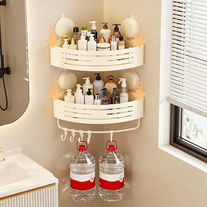 Corner Shower Caddy Bathroom Organizer（2-Pack Cream White）,No-Drilling Aluminum Suction Cup Corner Shower Shelf with Towel Bar & Hooks,Detachable and Reusable Bathroom and Kitchen Storage