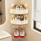 Corner Shower Caddy Bathroom Organizer（2-Pack Cream White）,No-Drilling Aluminum Suction Cup Corner Shower Shelf with Towel Bar & Hooks,Detachable and Reusable Bathroom and Kitchen Storage