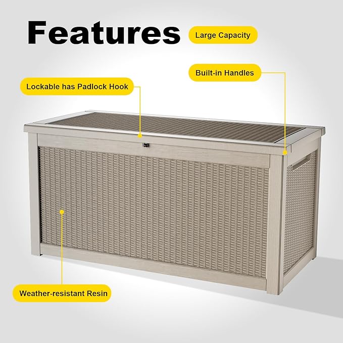 320 Gallon Outdoor Waterproof Resin Storage Deck Box Lockable Outside Bench UV Resistant Bin Patio Porch Furniture Pool Float Garden Tool Cushion Grey