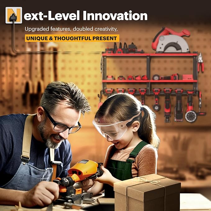 Power Tool Organizer Wall Mount with Charging Station, 15 Min Assembly & Maximum 420lbs Load by Heavy Duty Metal, 8 Slots for Cordless Drill, Tool Battery Holder with 6 Outlet Power Strip