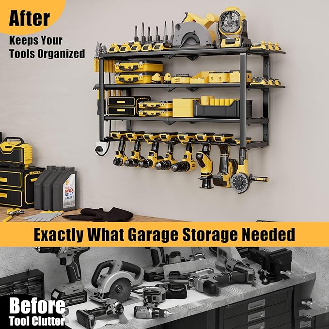 420LB Capacity Power Tool Organizer with Charging Station & 6 Outlets | Quick Assembly 4-Layer Heavy Duty Rack for Drills & Batteries | Ultimate Garage Storage & Christmas Gift for Men